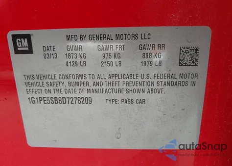 2013 Chevrolet Cruze 2Lt Auto from USA, damaged, VIN 1G1PE5SB8D7278209
